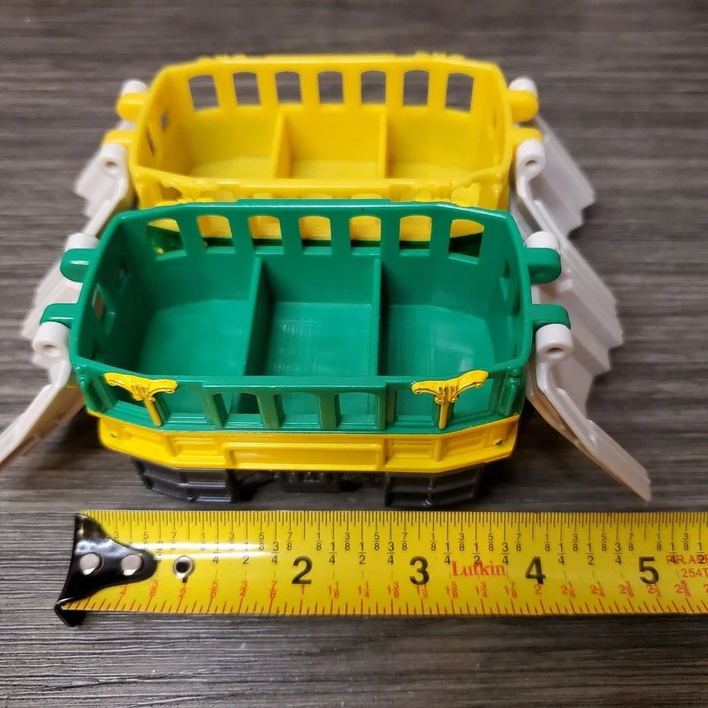 Fisher Price Geotrax Cable Cars - TWO No Motor Push Toys Roof Opens Yellow Green